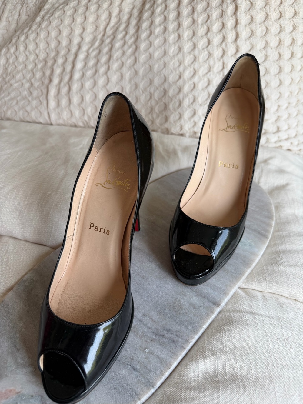 Christian Louboutin Black Patent Peep-Toe Heels